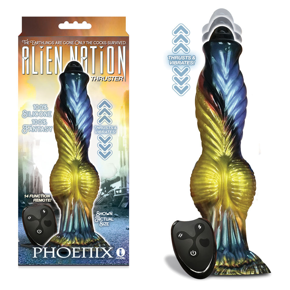 Alien Nation - Phoenix - Gold/Blue & Black 25.4 cm USB Rechargeable Thrusting Fantasy Dong with Remote - Just for you desires