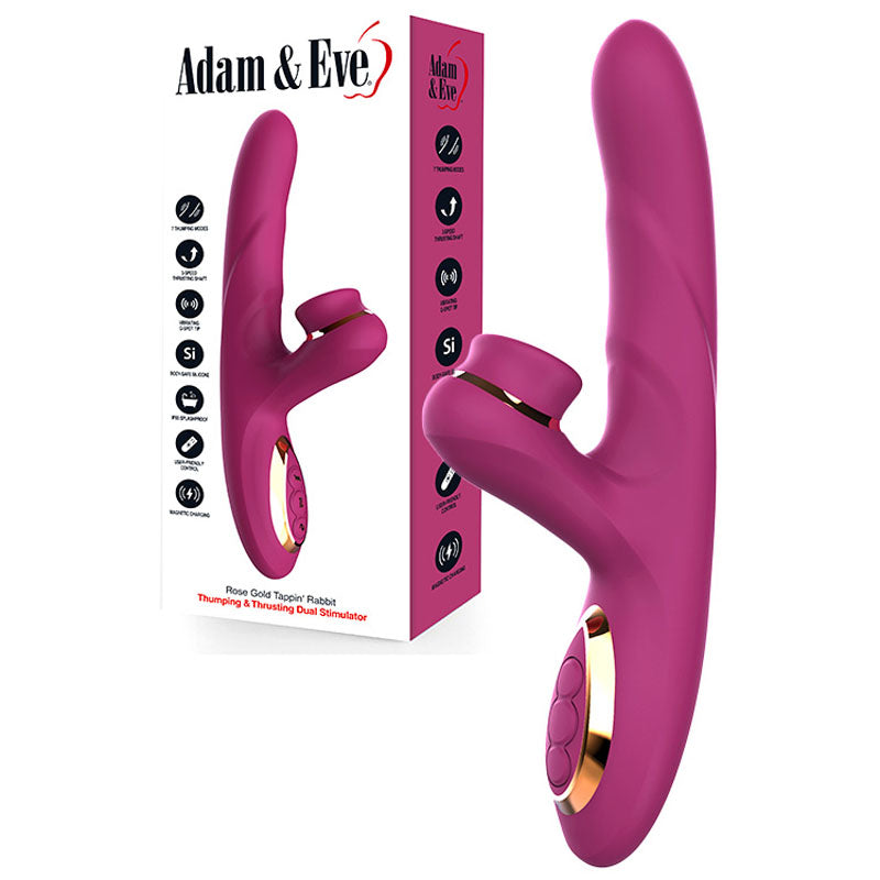 Adam & Eve ROSE GOLD TAPPIN RABBIT - Purple 22.5 cm USB Rechargeable Tapping & Thrusting Rabbit Vibrator - Just for you desires