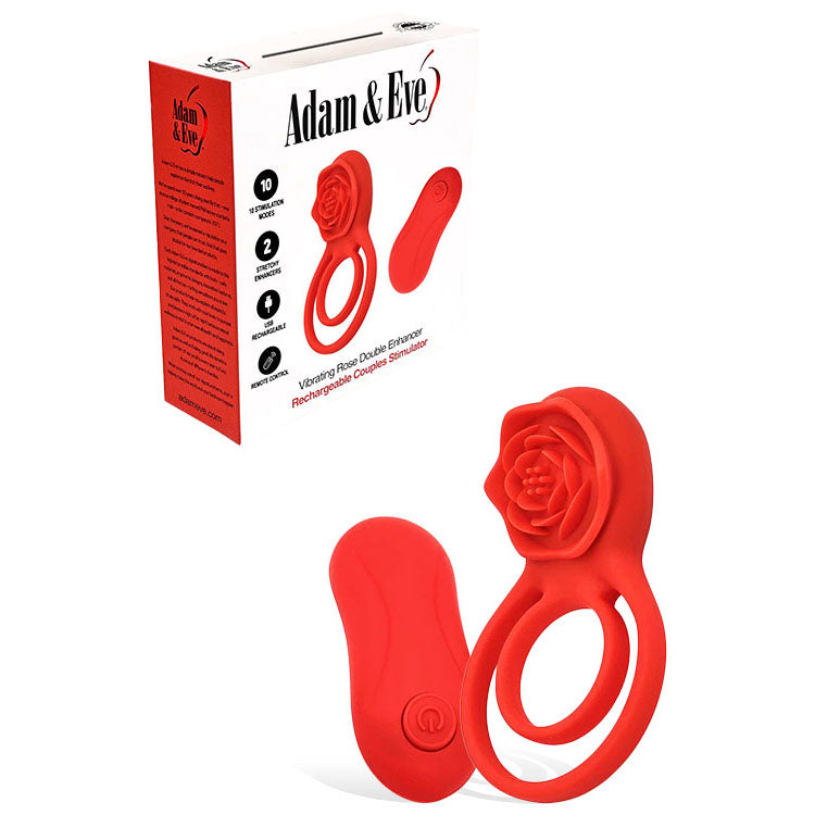 Adam & Eve VIBRATING ROSE DOUBLE ENHANCER - Red USB Rechargeable Cock & Balls Ring with Remote - Just for you desires