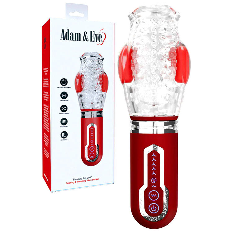 Adam & Eve PLEASURE PRO 3000 - Clear/Red USB Rechargeable Thrusting & Rotating Auto Stroker - Just for you desires