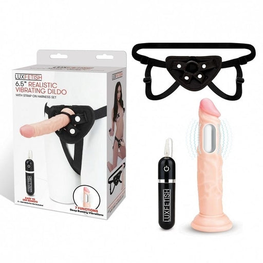 Lux Fetish 6.5"" Realistic Vibrating Dildo & Strap On Harness