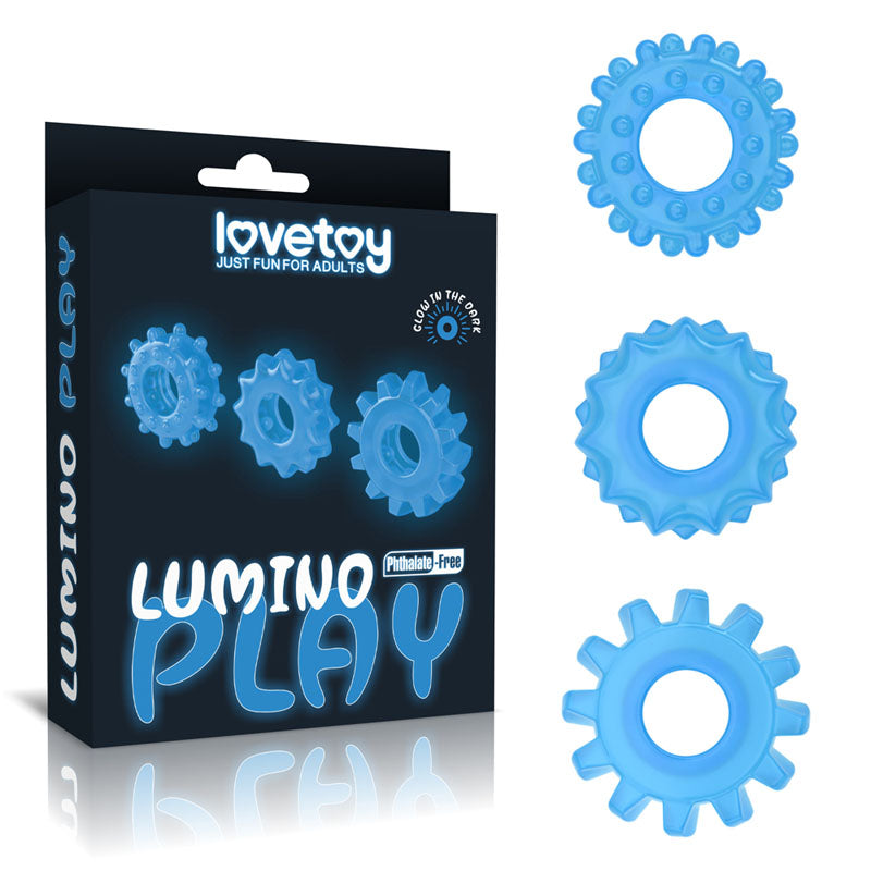 Lumino Play Penis Rings 3 Pack - Glow in the Dark Blue Cock Rings - Set of 3 - Just for you desires