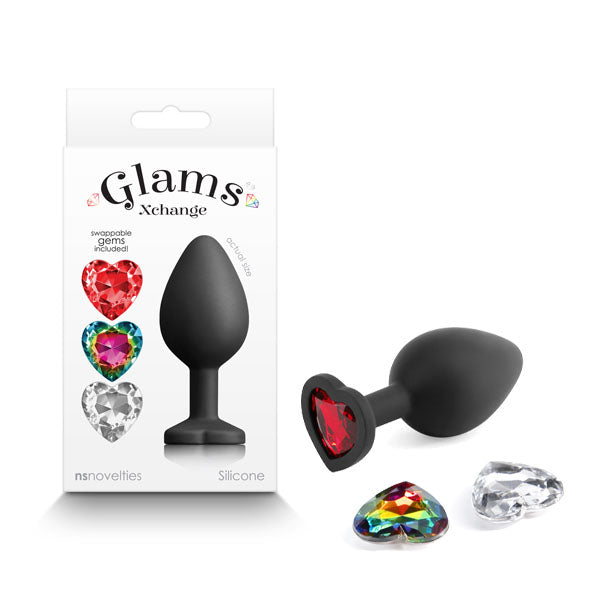 Glams Xchange Heart - Medium - Black Medium Butt Plug with Interchangeable Heart Gems - Just for you desires