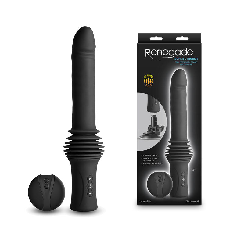 Renegade Super Stroker - Black - Black 36.8 cm USB Rechargeable Thrusting Vibrator with Remote Control & Stand - Just for you desires