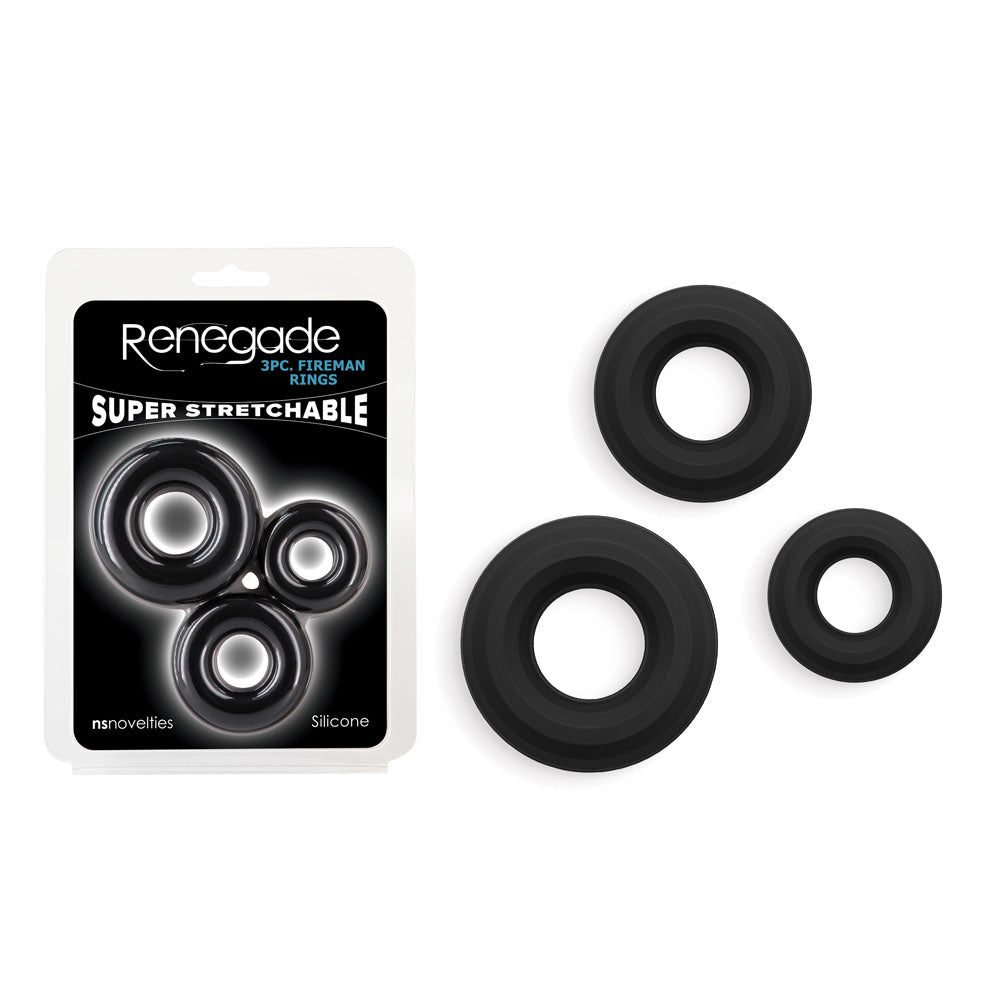 Renegade 3pc Fireman Rings - Black - Black Cock Rings - Set of 3 Sizes - Just for you desires