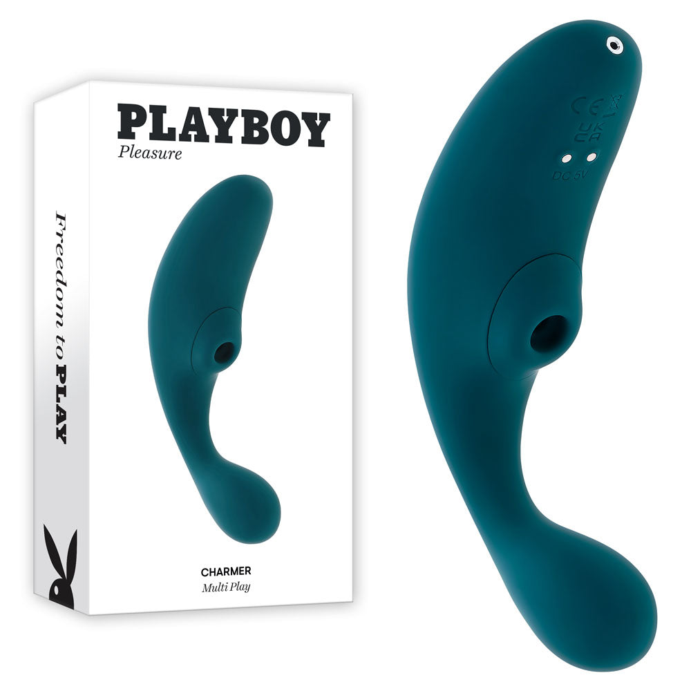 Playboy Pleasure CHARMER - Blue USB Rechargeable Vibrator with Clitoral Suction - Just for you desires