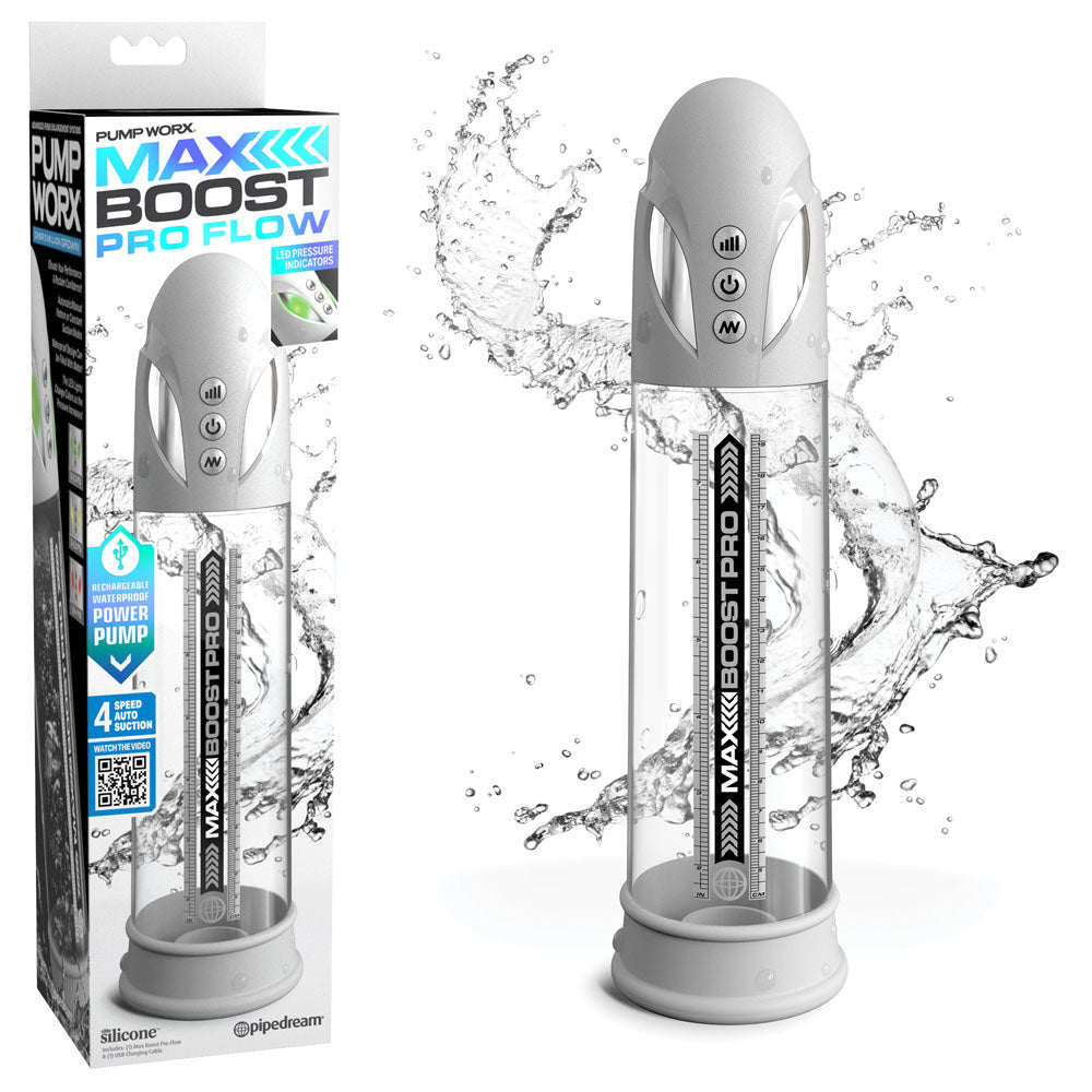 Pump Worx Max Boost Pro Flow - White - White/Clear USB Rechargeable Waterproof Auto Penis Pump - Just for you desires