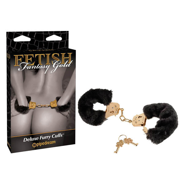 Fetish Fantasy Gold Deluxe Furry Cuffs - Black/Gold Furry Restraints - Just for you desires