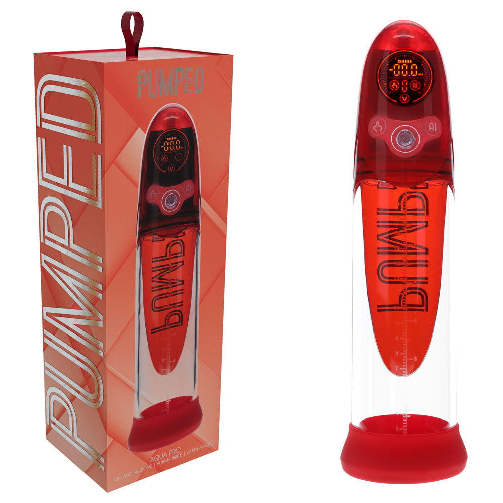 PUMPED Aqua-Pro Auto Pump - Red - Red/Clear USB Rechargeable AI-Enabled Submersible Auto Penis Pump - Just for you desires