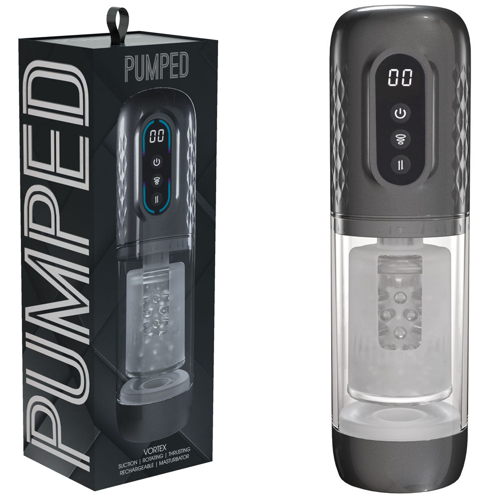 PUMPED Vortex - Gunmetal - Gunmetal Grey/Clear USB Rechargeable Sucking Rotating and Thrusting Auto Masturbator - Just for you desires