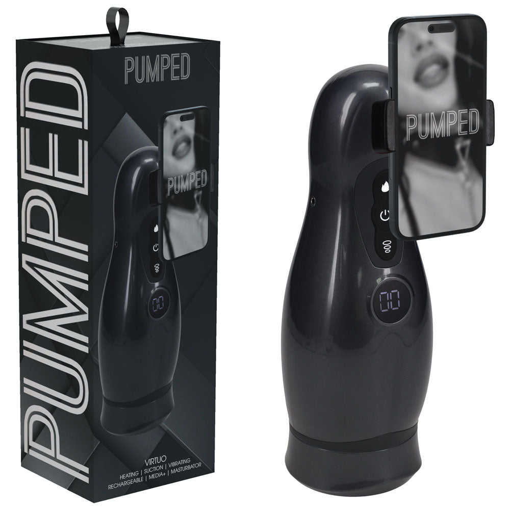 PUMPED Virtuo - Gunmetal - Gunmetal Grey/Clear USB Rechargeable Sucking And Vibrating Auto Masturbator - Just for you desires