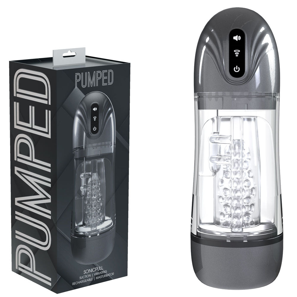 PUMPED SonicPull - Gunmetal - Gunmetal Grey/Clear USB Rechargeable Sucking And Vibrating Auto Masturbator - Just for you desires