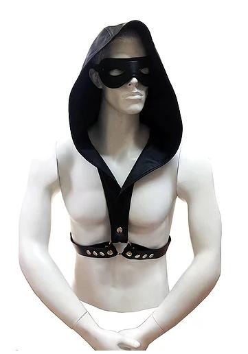 Black Faux Leather Harness Hoodie With Leather Strap