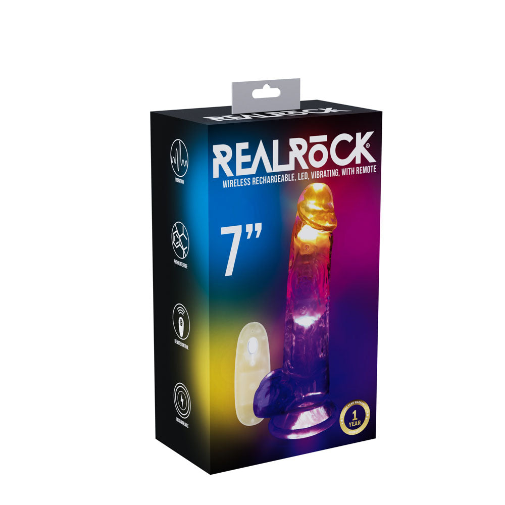 REALROCK 7'' with Balls Wireless Rechargeable LED Vibrating Dong - Clear with LED 19.5 cm USB Rechargeable Vibrating Dong with Remote - Just for you desires