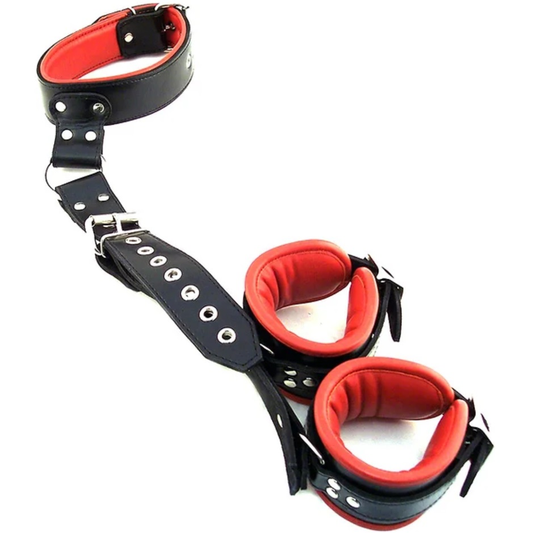 Leather Neck To Wrist Restraint Black/Red - Just for you desires