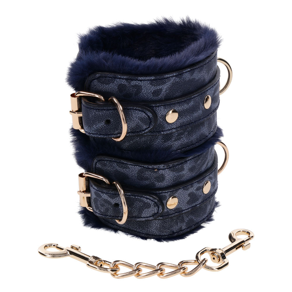 Sex & Mischief Cougar Fur Handcuffs - Navy Blue/Gold Furry Restraints - Just for you desires