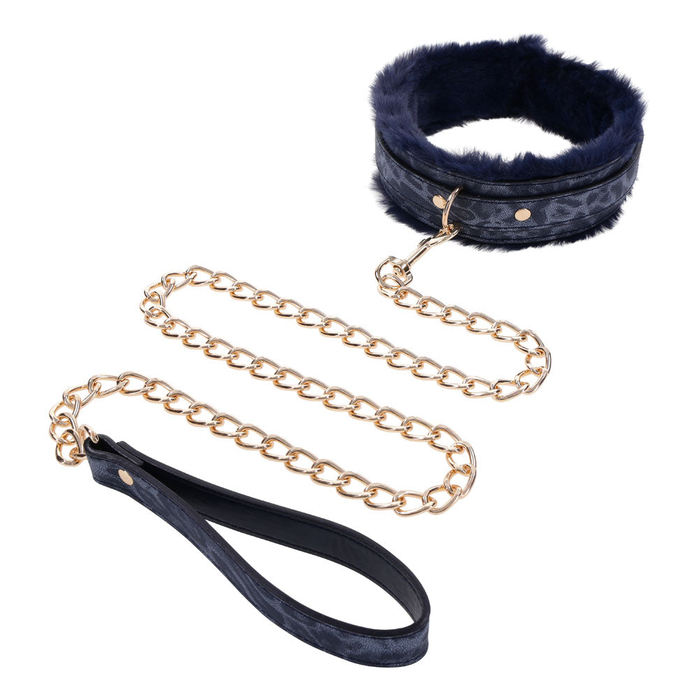 Sex & Mischief Cougar Fur Collar & Leash - Navy Blue/Gold Furry Restraint - Just for you desires