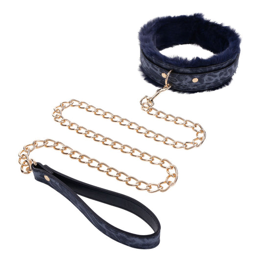 Sex & Mischief Cougar Fur Collar & Leash - Navy Blue/Gold Furry Restraint