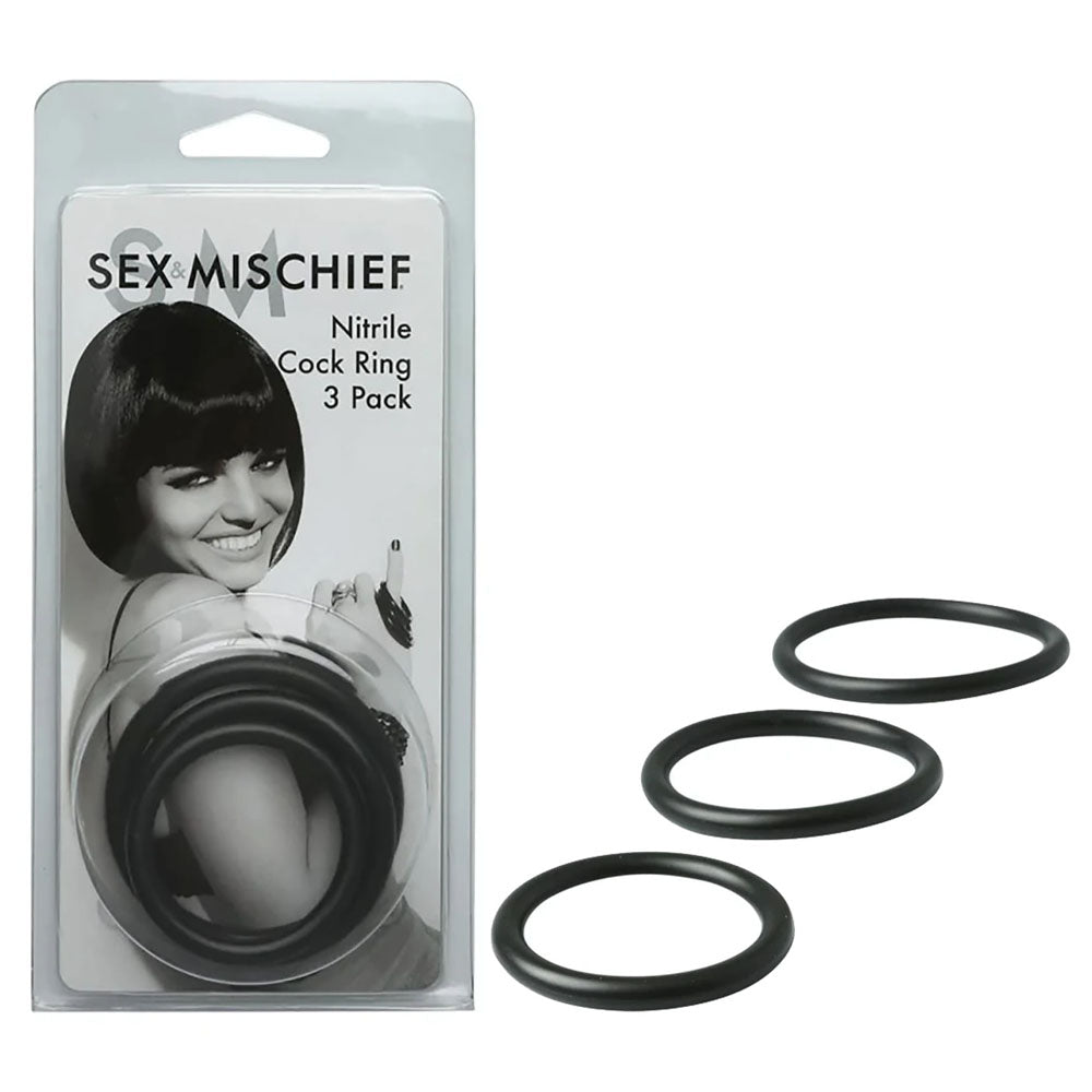 Sex & Mischief Nitrile Cock Ring 3 Pack - Black Cock Rings - Set of 3 Sizes - Just for you desires