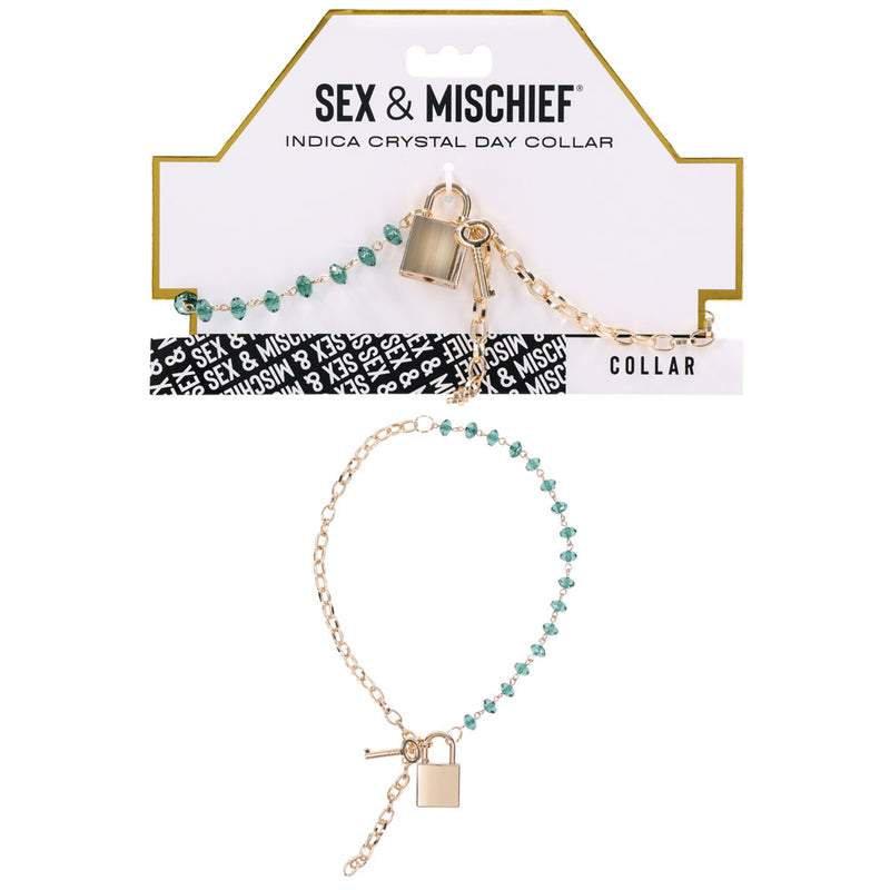 Sex & Mischief Indica Crystal Day Collar - Gold/Emerald Lockable Collar - Just for you desires