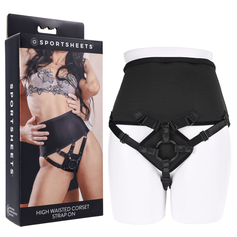 SPORTSHEETS High Waisted Corset Strap On - Black Adjustable Strap-On Harness (No Probe Included) - Just for you desires