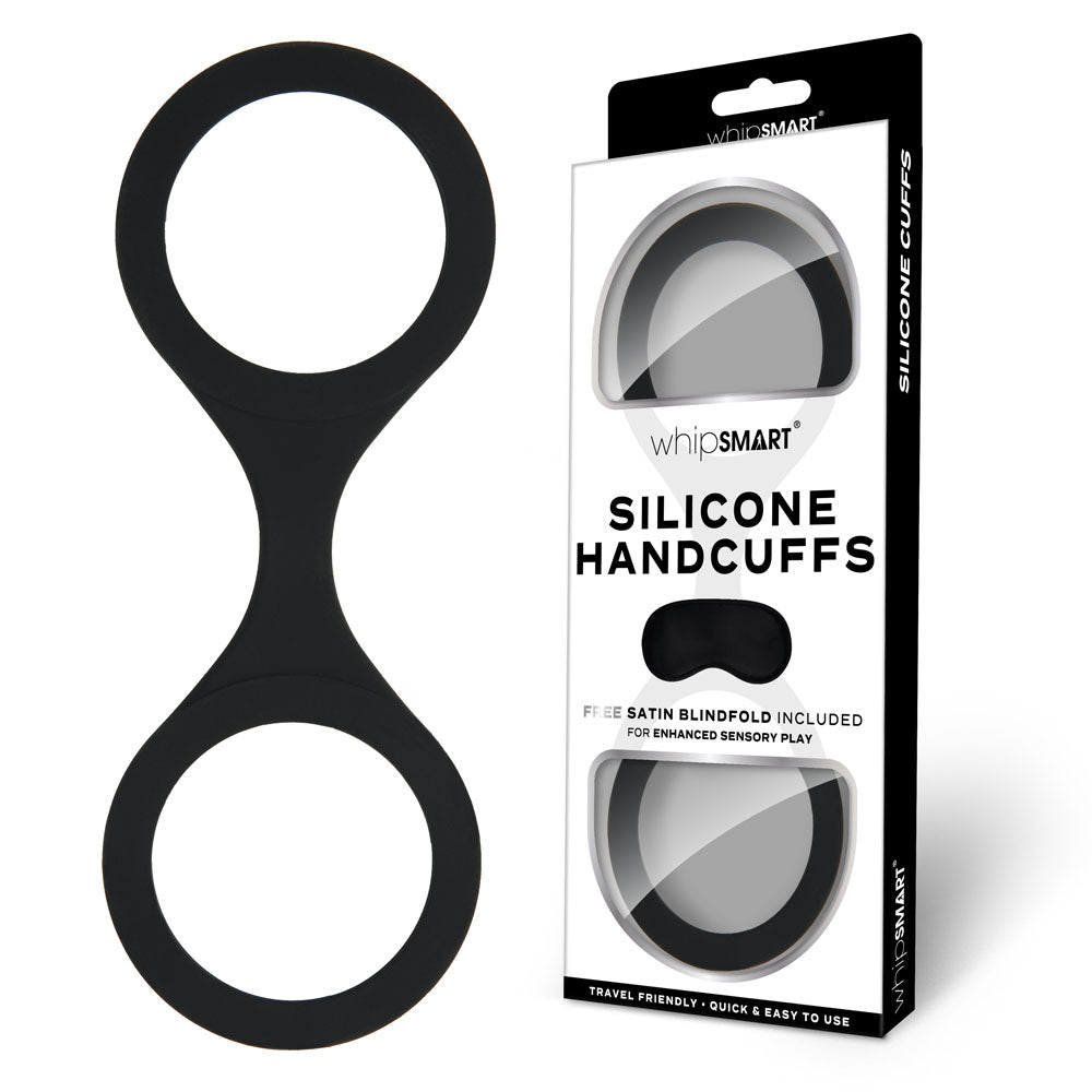 WhipSmart Silicone Handcuffs - Black - Black Restraint with Bonus Blindfold - Just for you desires