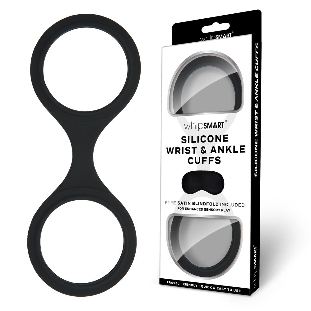 WhipSmart Silicone Wrist & Ankle Cuffs - Black - Black Restraints with Bonus Eye Mask - Just for you desires