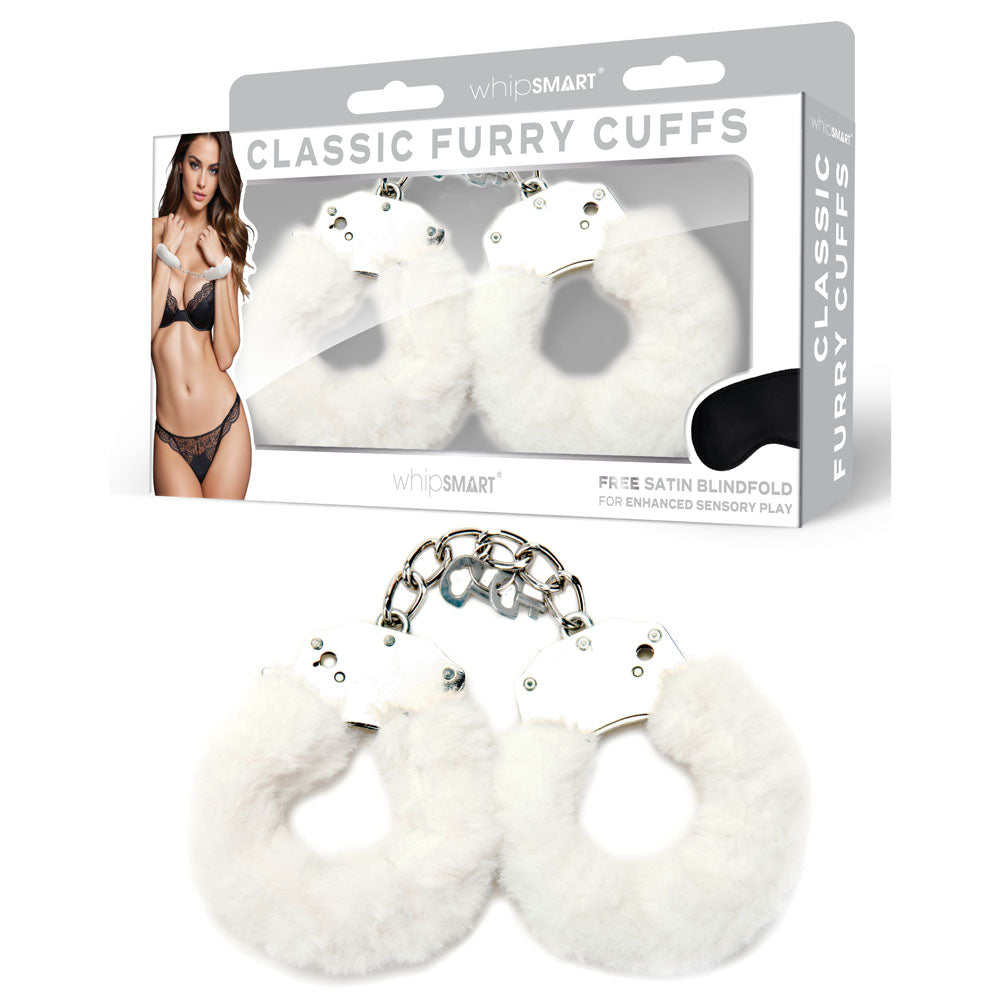 WhipSmart Classic Furry Cuffs - White - White Furry Restraints with Bonus Eye Mask - Just for you desires
