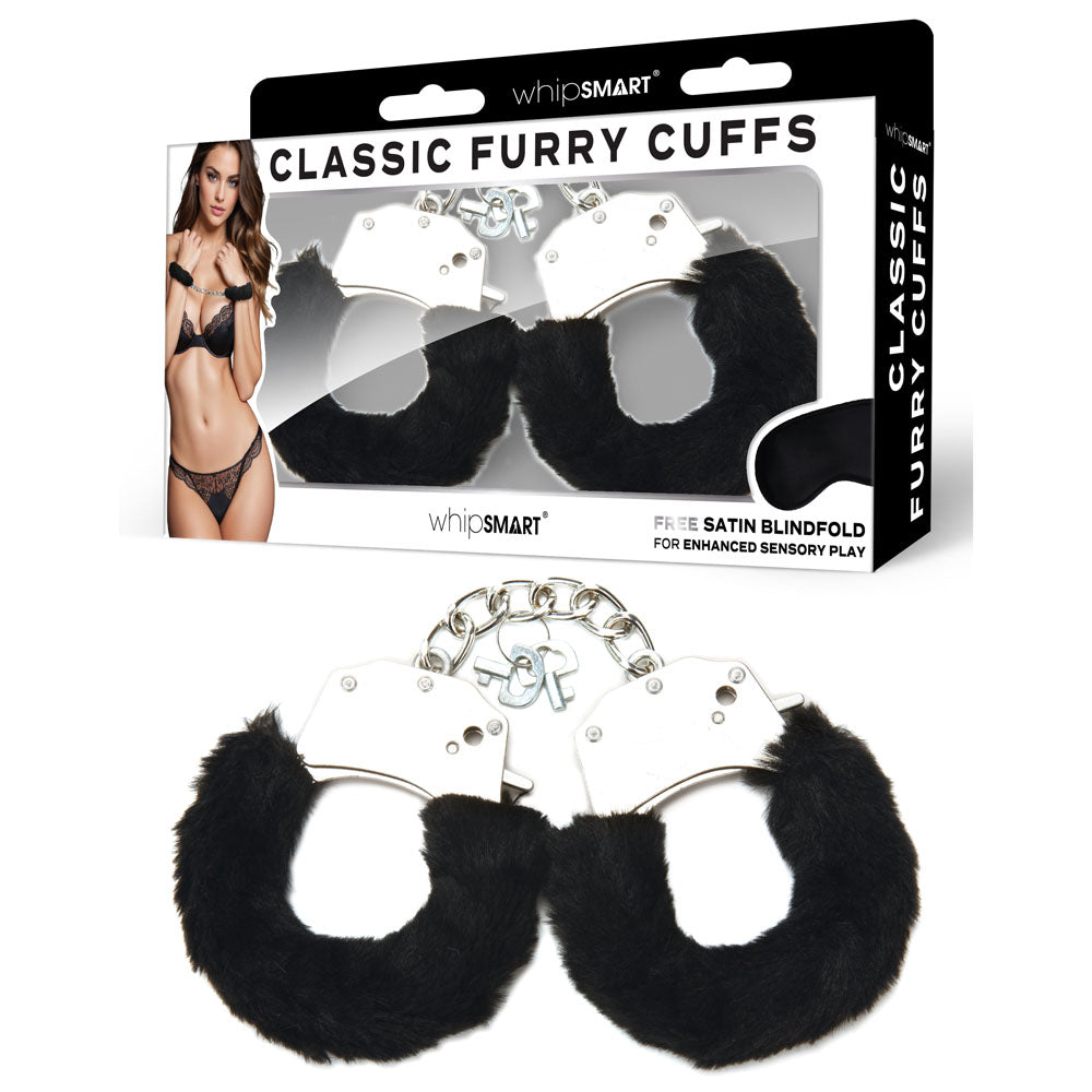 WhipSmart Classic Furry Cuffs - Black - Black Furry Restraints with Bonus Eye Mask - Just for you desires