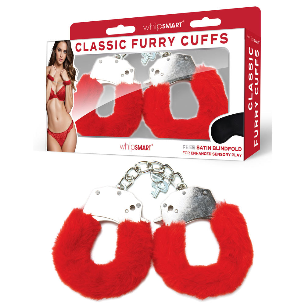 WhipSmart Classic Furry Cuffs - Red - Red Furry Restraints with Bonus Eye Mask - Just for you desires