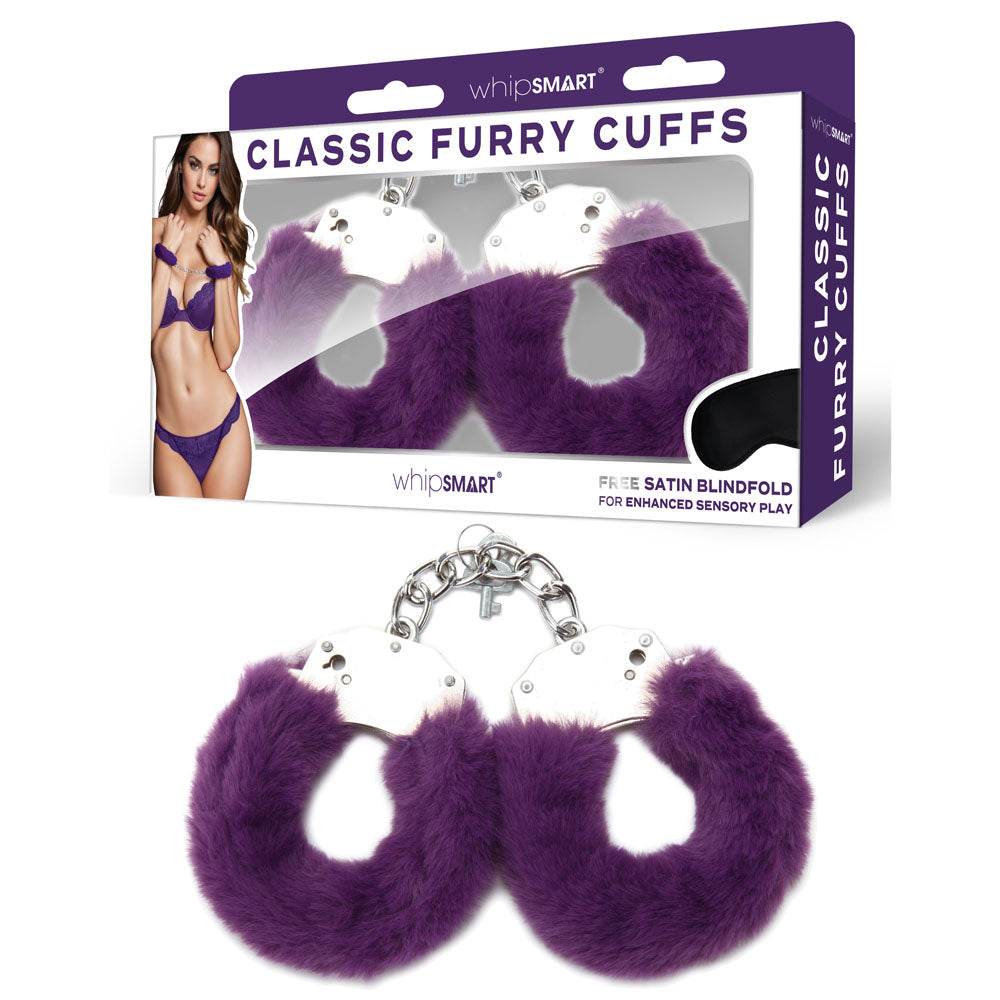 WhipSmart Classic Furry Cuffs - Purple - Purple Furry Restraints with Bonus Eye Mask - Just for you desires
