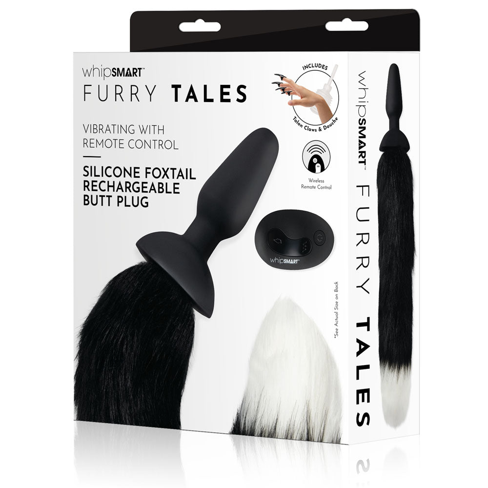 WhipSmart Furry Tales Silicone Foxtail Rechargeable Butt Plug - Black 9.5 cm Vibrating Butt Plug with Black Fox Tail & Remote Control - Just for you desires