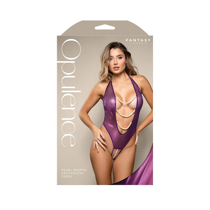 OPULENCE Pearl Draped Crotchless Teddy - Purple - S/M Size - Just for you desires
