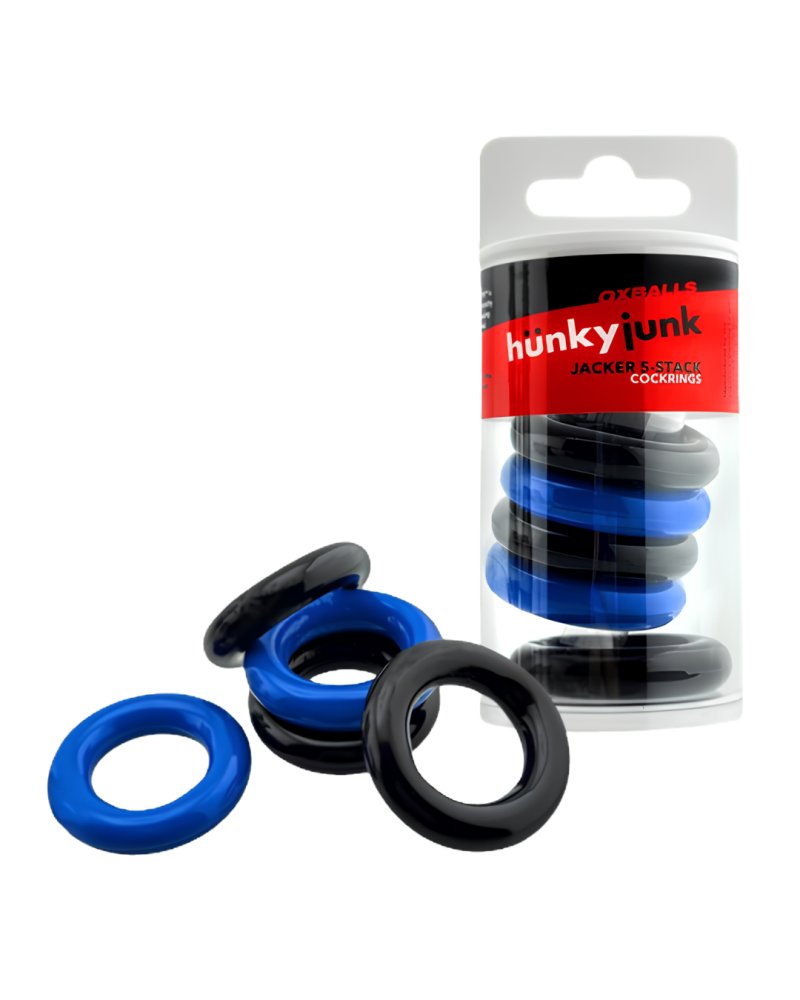 HUNKYJUNK JACKER 5-STACK five-pack tube super-strong  cockrings BLUE/BLACK - Just for you desires
