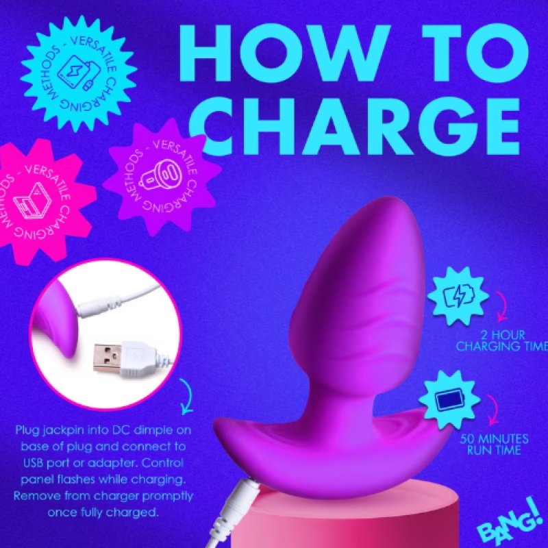 BANG! 10X Rotating & Vibrating Silicone Butt Plug w/ Remote - Purple - Just for you desires