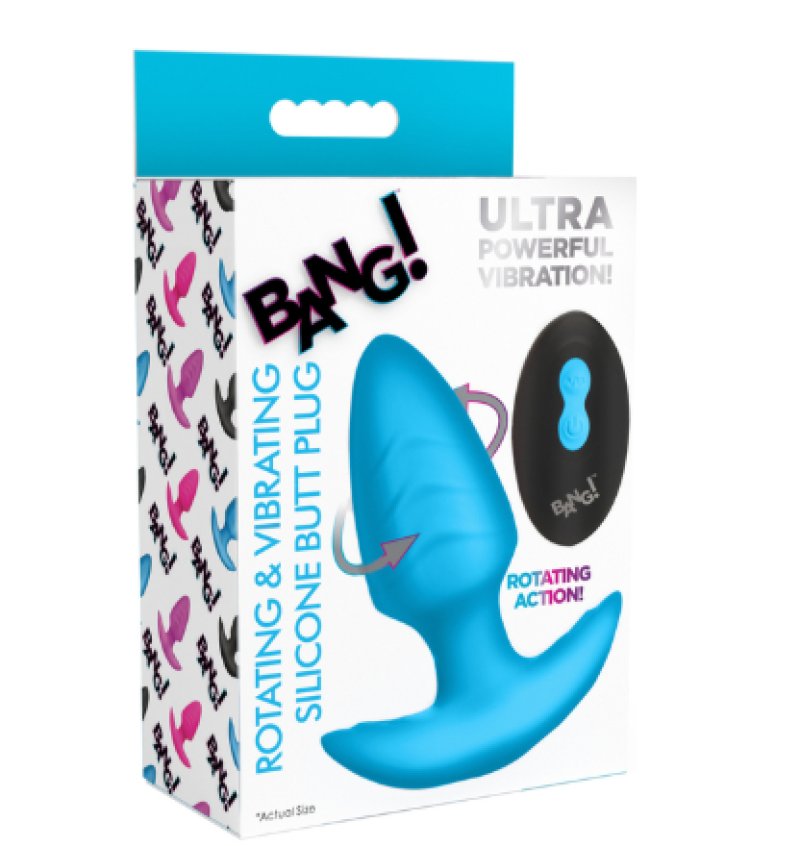 BANG!  10X Rotating & Vibrating Silicone Butt Plug w/ Remote - Blue - Just for you desires
