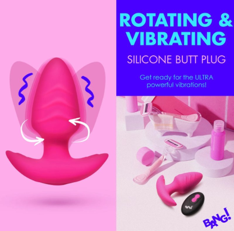 BANG!  10X Rotating & Vibrating Silicone Butt Plug w/ Remote - Pink