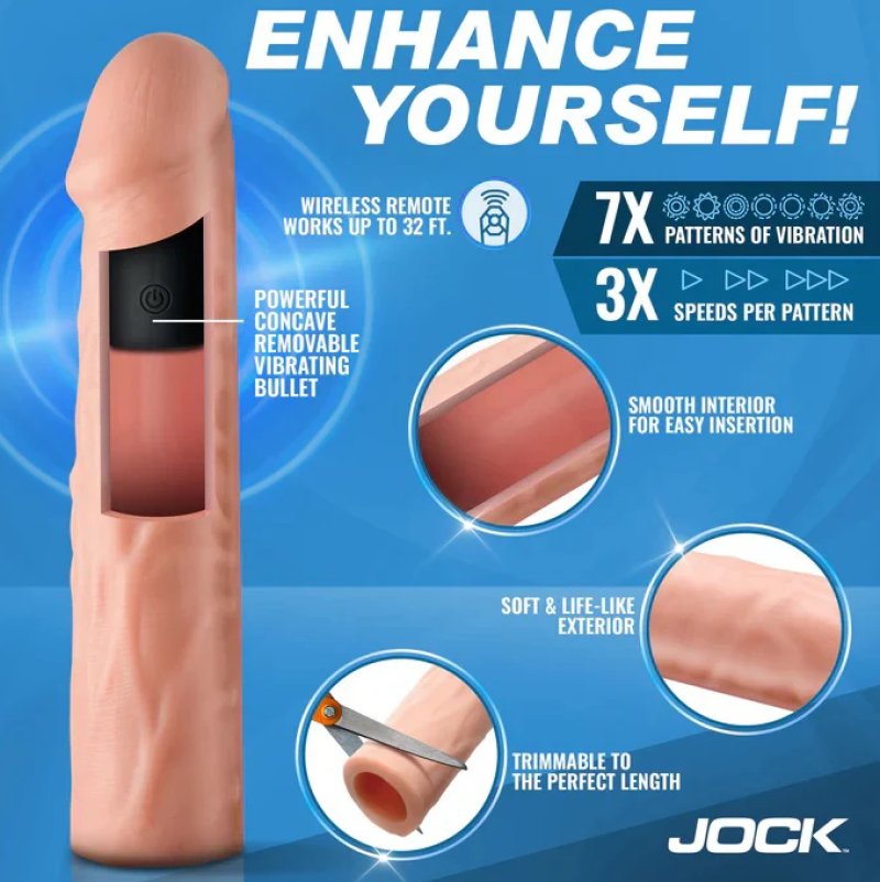 JOCK Enhancers 1.5" Vibrating Penis Extension w/ Remote - Light - Just for you desires