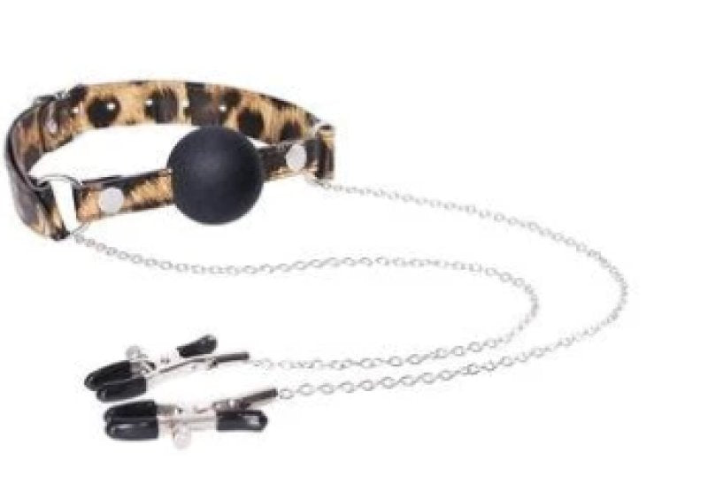LEOPARD FRENZY SILICONE GAG BALL WITH NIPPLE CLAMPS - Just for you desires