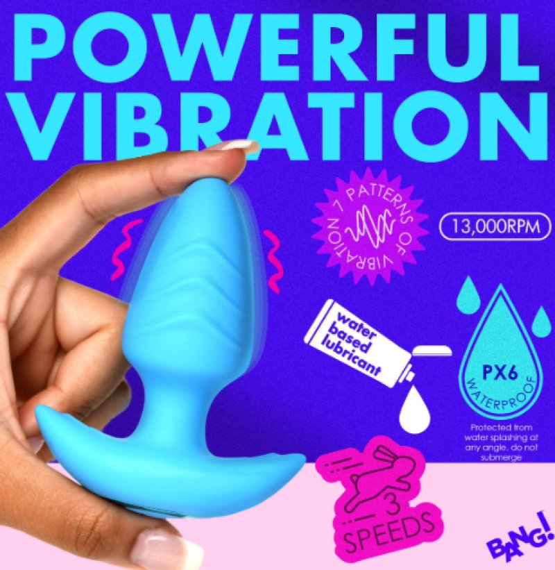 BANG!  10X Rotating & Vibrating Silicone Butt Plug w/ Remote - Blue - Just for you desires