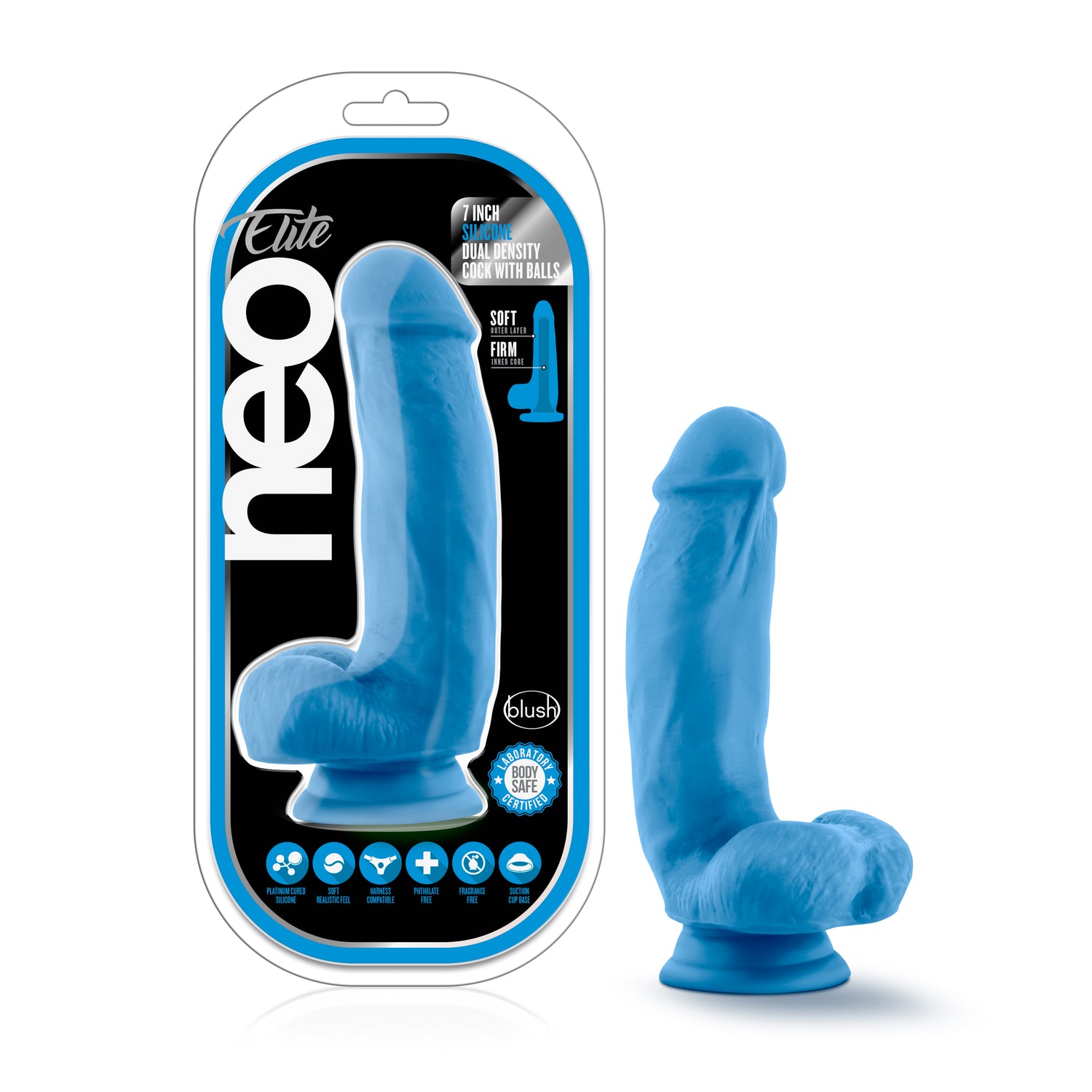 Neo Elite 7in Silicone Dual Density Cock with Balls Neon Blue - Just for you desires
