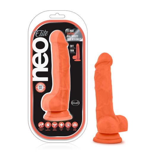 Neo Elite 7.5in Silicone Dual Density Cock with Balls Neon Orange - Just for you desires