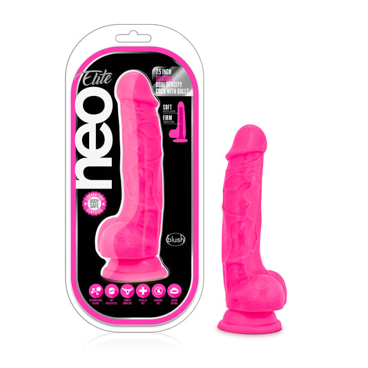 Neo Elite 7.5in Silicone Dual Density Cock with Balls Neon Pink - Just for you desires