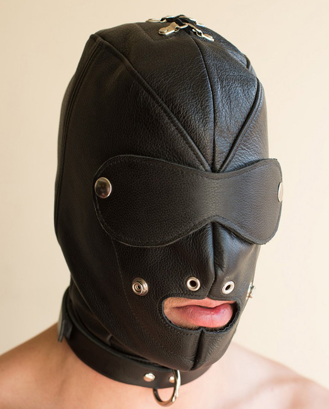 Premium Leather Hood w/Gag &Blindfold - Blk - Just for you desires