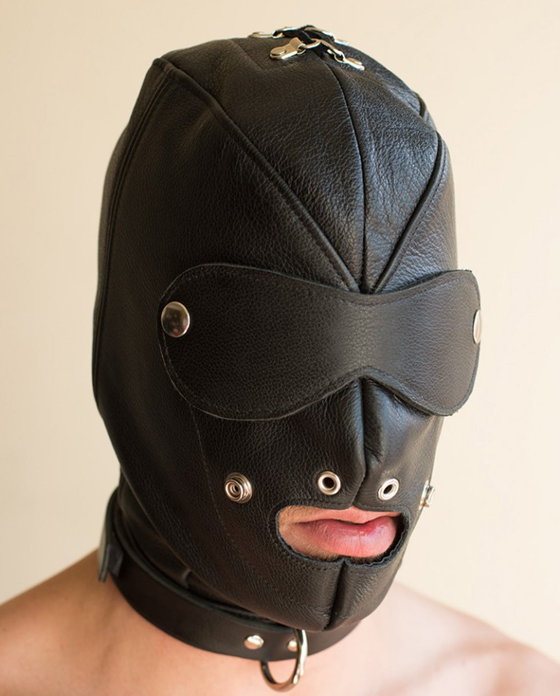 Premium Leather Hood w/Gag &Blindfold