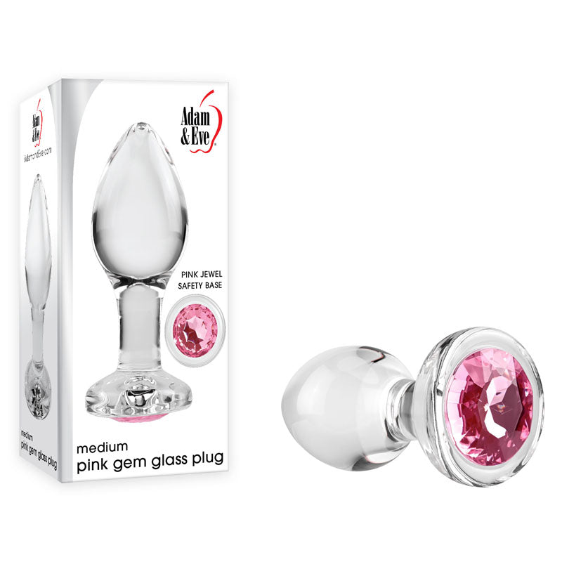 Adam & Eve PINK GEM GLASS PLUG MEDIUM - Clear Glass 8.7 cm Butt Plug with Pink Gem Base - Just for you desires