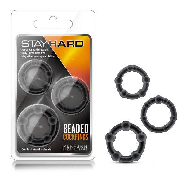 Stay Hard Beaded Cockrings - Black Cock Rings - Set of 3 Sizes - Just for you desires