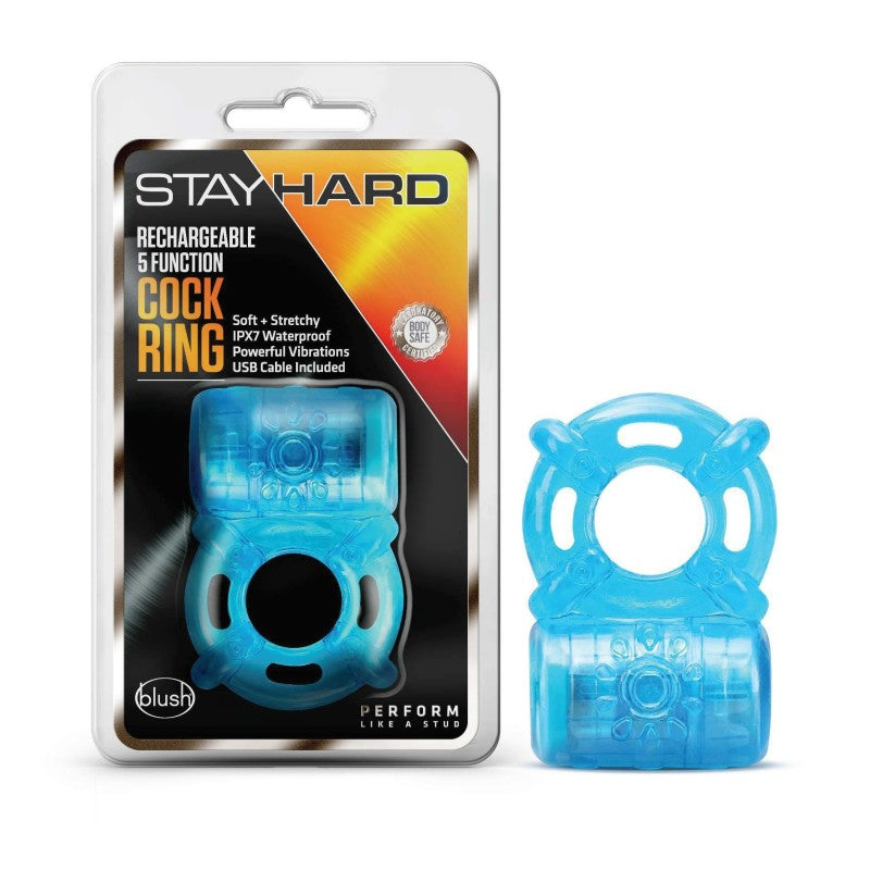 Stay Hard Rechargeable 5 Function Cock Ring - Blue USB Rechargeable Vibrating Cock Ring - Just for you desires