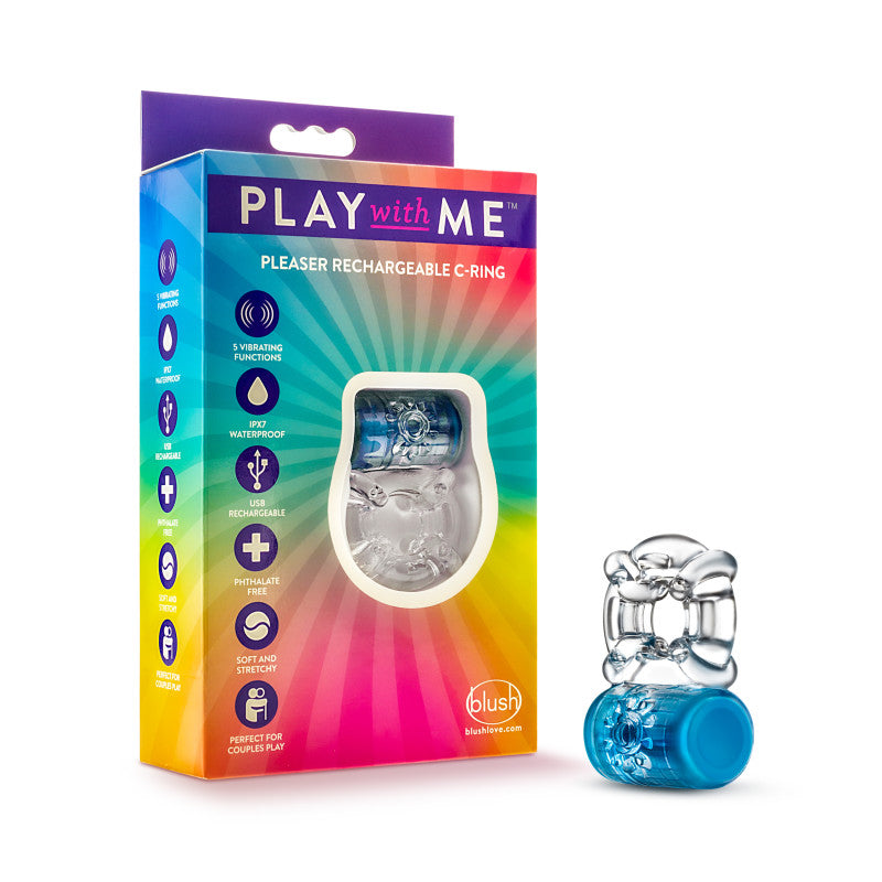 Play With Me Pleaser Rechargeable C-Ring - Blue - Blue Rechargeable Cock Ring - Just for you desires