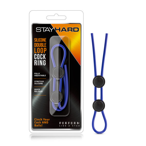Stay Hard - Silicone Double Loop Cock Ring - Blue Adjustable Lasso Cock Ring - Just for you desires